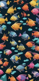 Mobile wallpaper with vibrant, colorful fish swimming on a dark background.