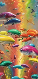 Vibrant fish in a rainbow backdrop.