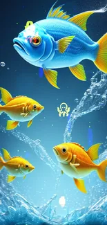 Vibrant blue and orange fish leaping in splashing water.