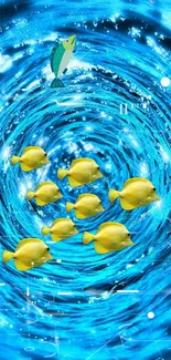 Bright yellow fish among swirling blue waves on mobile wallpaper.