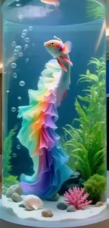 A vibrant fish tank with colorful goldfish and lush plants.