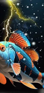 Vibrant fish swims through thunderstorms in colorful wallpaper.