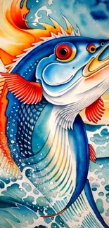 Colorful fish art with ocean waves design, vibrant and eye-catching.