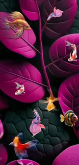 Vibrant fish swim among purple leaves on a stylish wallpaper.