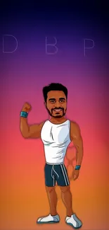 Cartoon fitness character with vibrant ombre background.