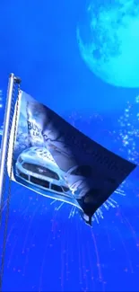 Flag waving under a blue moon with vibrant fireworks in the background.