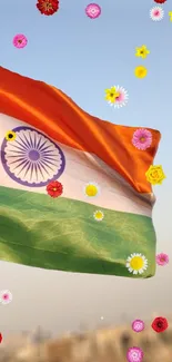 Indian flag with colorful florals as a vibrant mobile wallpaper.