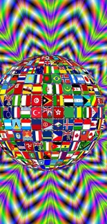 A globe of world flags set against a colorful, hypnotic background.