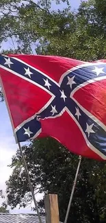 A vibrant red and blue flag waving against a clear blue sky and green trees.