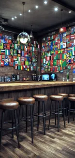 Cozy bar interior with flags and stools.