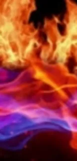 Vibrant orange and purple fire and smoke wallpaper background.