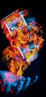 Vibrant art of a camera engulfed in flames.