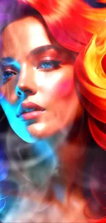 Stunning wallpaper of a woman with vibrant red and blue flame-like hair