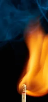 Close-up of a burning match with vivid orange flame on black background.