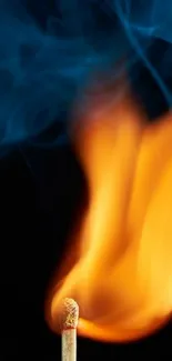 A striking matchstick flame with smoke on a black background mobile wallpaper.