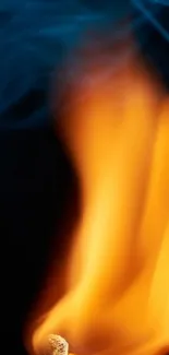 Vibrant flame from a match with a dark smoky background.