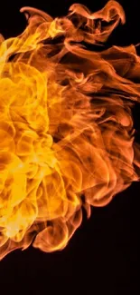 Vibrant flames swirling on black background phone wallpaper.