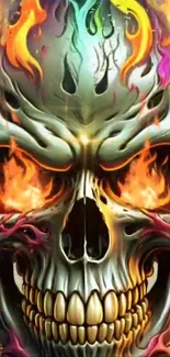 Colorful flaming skull mobile wallpaper art.
