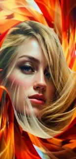 Vibrant portrait with fiery flames in orange tones.