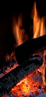 Vibrant wallpaper of burning logs with glowing flames.