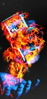 Artistic wallpaper with camera engulfed in flames and vivid colors.