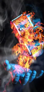 Vibrant flaming camera hovering over a hand, digital art wallpaper.