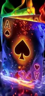 Vibrant playing cards with colorful flames and smoke effect.