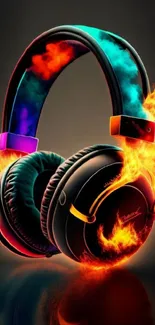 Vibrant flaming headphones with colorful artistic design on dark background.