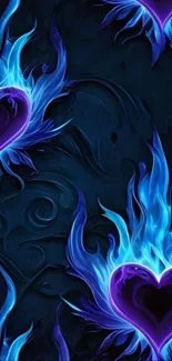 Vibrant blue flaming hearts on a dark background.