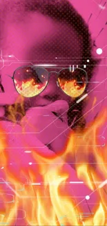 Dynamic wallpaper with flaming sunglasses on a pink background.