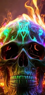 Neon skull engulfed in vibrant flames, vivid mobile wallpaper.