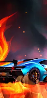 Vibrant sports car with flames wallpaper in fiery orange.