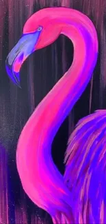 Bright neon flamingo art in pink and purple tones on a dark background.