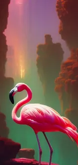 Vibrant flamingo in a colorful canyon scene wallpaper.