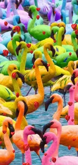 A vibrant flock of colorful flamingos in a lively, artistic arrangement.