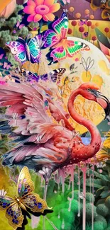 Vibrant pink flamingo with butterflies and flowers in a fantasy artwork.