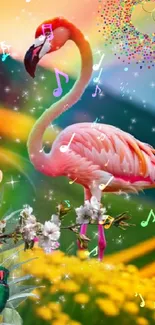 Vibrant flamingo with flowers and colorful background.