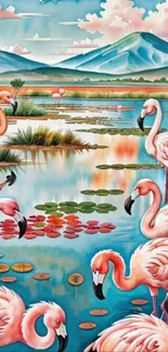 Illustration of flamingos by a serene lake with mountains in the background.