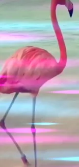 Vibrant pink flamingo standing on the beach with neon accents.