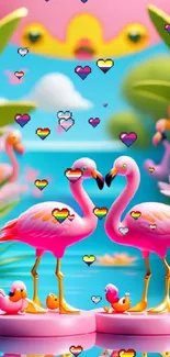 Colorful animated wallpaper with pink flamingos and lush nature background.