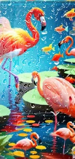 Vibrant tropical scene with flamingos and fish in vivid colors.