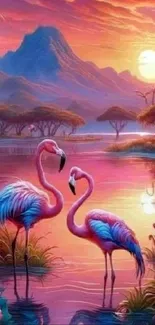 Vibrant flamingos against a colorful sunset landscape on mobile wallpaper.