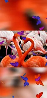 Vibrant orange flamingos with colorful butterflies.