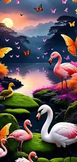 Vibrant flamingos and butterflies at sunset with lush green landscape.
