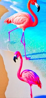 Two pink flamingos strolling along a tropical beach with turquoise ocean waves.