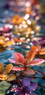 Vibrant flowers floating on water with a serene background.
