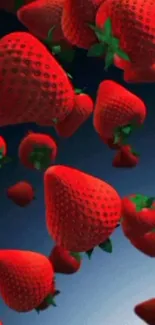 Floating strawberries on blue gradient background.