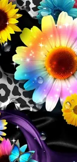 Vibrant floral and leopard print wallpaper with colorful flowers.