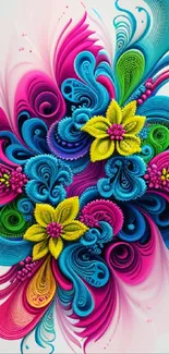 Vibrant floral 3D art wallpaper in pink, blue, and yellow hues.