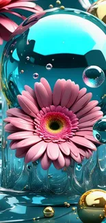 3D abstract design with pink flower and bubbles